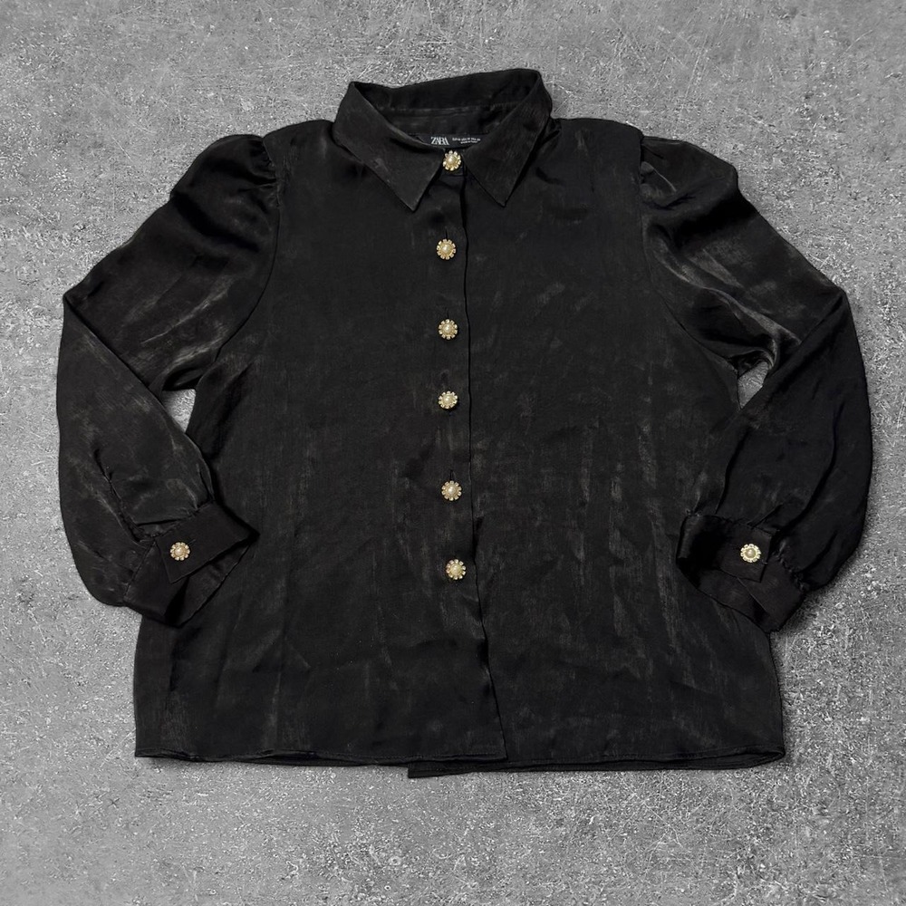 Zara Womens Black Pearl Button Down Blouse Puffed Sleeve Whimsygoth Top Size M